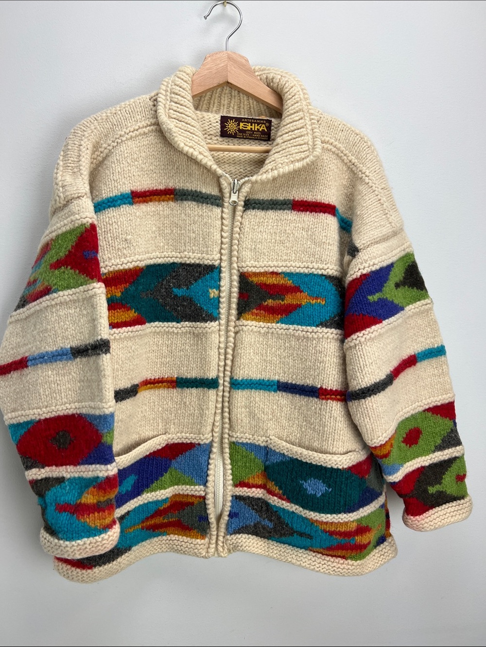 Vintage Artesanias Ishka Wool Sweater Blanket Jacket Handmade Ecuador Aztec